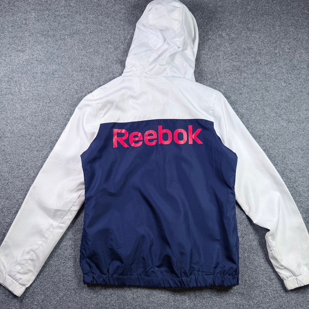 Reebok Windbreaker Jacket Women S White Navy Blue Red Colorblock Full Zip Hooded